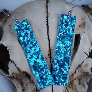 Vegan Leather Earrings- Blue Sparkle Bars